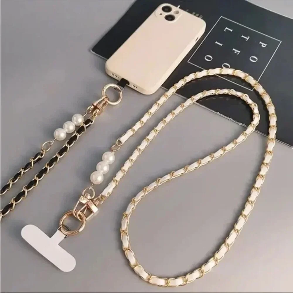 Tan Faux Pearl & Leather Chain Crossbody Phone Lanyard NEW